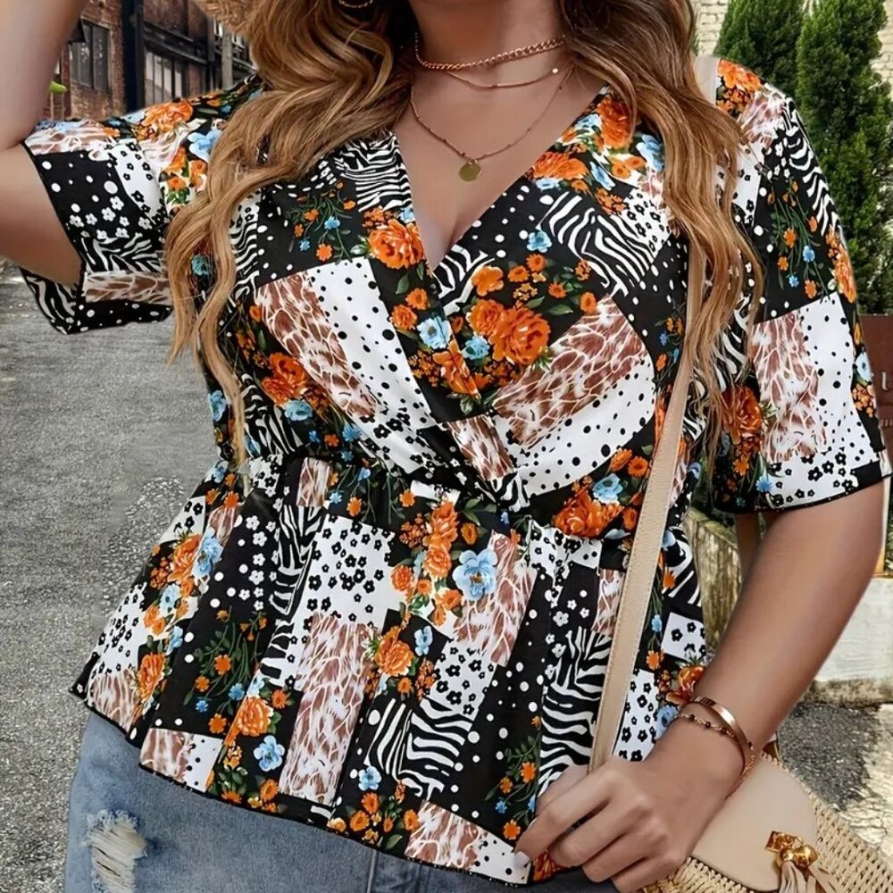 Women Plus Size Floral Print Cinched Waist Vacation Summer Blouse Top 16W & 20W